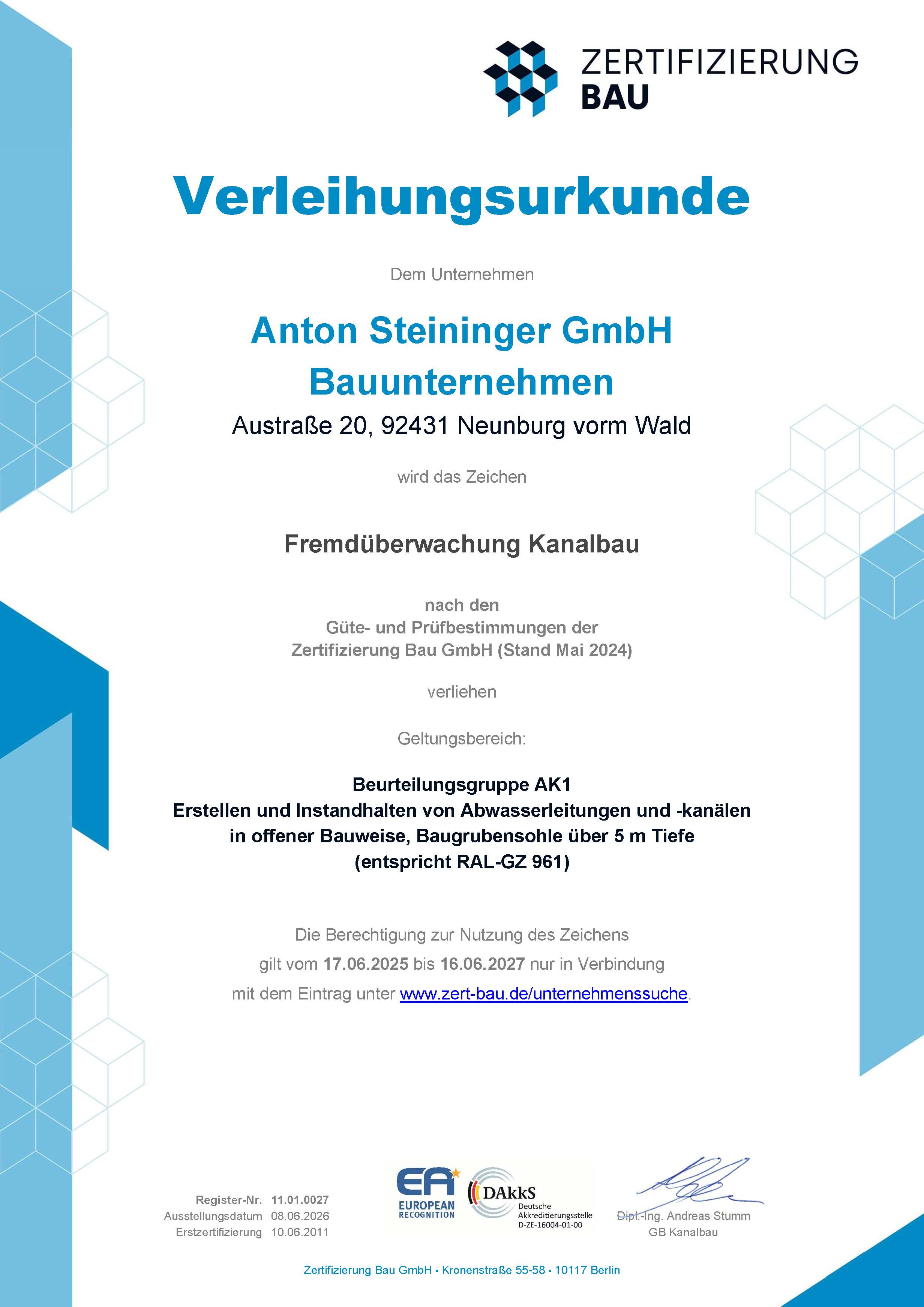 Verleihungsurkunde Fremd&uuml;berwachung Kanalbau